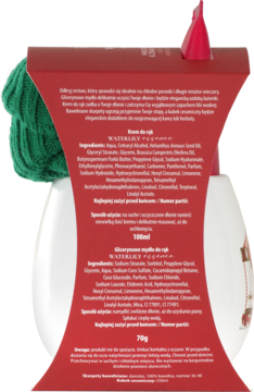 Tył czerwonego opakowania zestawu kosmetyków Waterlily: krem do rąk i mydło, z widocznymi składnikami.