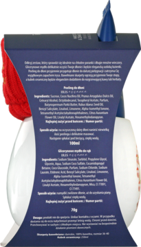 Tył opakowania zestawu do rąk z peelingiem, mydłem glicerynowym, kubkiem i czerwoną dzianiną.