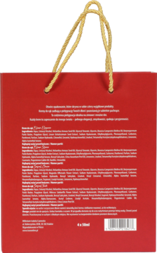 Tył czerwonej torby prezentowej 4x 50ml, ze złotymi uchwytami i polskim opisem produktów kosmetycznych.