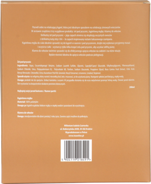 Tył beżowego opakowania płynu do kąpieli i mycia z brązowym tekstem, instrukcją i kodem kreskowym.