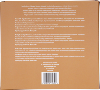 Tył beżowego kartonowego opakowania produktu, z białymi napisami informacyjnymi i kodem kreskowym.