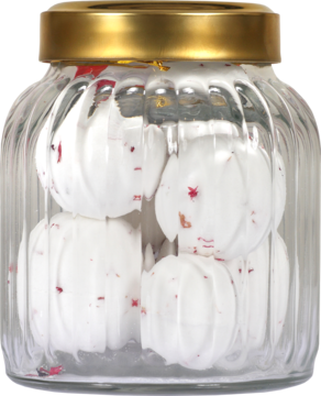 Sześć białych, musujących kul do kąpieli w kształcie dyni z płatkami róż, w przezroczystym, ryflowanym słoiku ze złotą pokrywką.