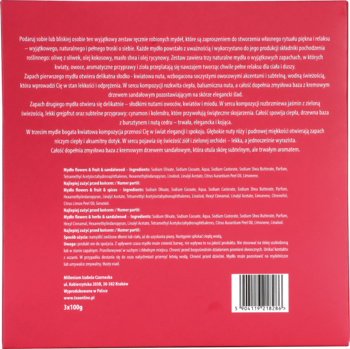 Tył ciemnoróżowego opakowania zestawu mydeł z bogatym, białym tekstem o składzie i kodem kreskowym.