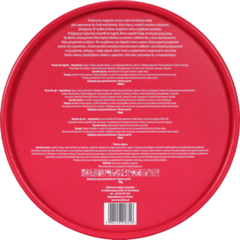 Czerwony, okrągły spód opakowania spożywczego, z listą składników i instrukcjami w wielu językach.