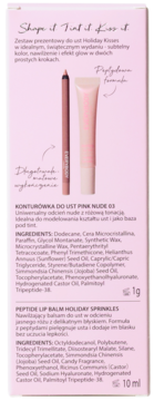 Tył różowego opakowania zestawu do ust Holiday Kisses, z konturówką, balsamem i listą składników.