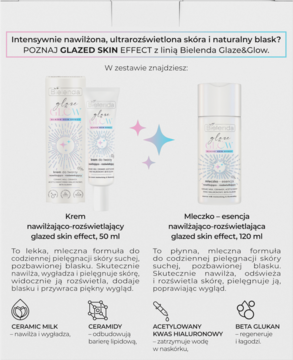 Bielenda Glaze&Glow: nawilżająco-rozświetlający krem 50ml i mleczko-esencja 120ml, białe opakowania.