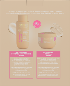 Bielenda Private Spa Sandal Wood: mleczko 300ml i masło 250ml, beżowe opakowania, na beżowym tle.