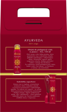 Zestaw Bielenda Ayurveda Skin Yoga Fire, widok z przodu: olejek do ciała (150ml) i kadzidełka (10szt) w czerwonym pudełku.
