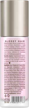 Tył różowego serum regenerującego do włosów GLOSSY HAIR 50ml z metaliczną nakrętką i listą składników.