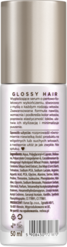 Tył opakowania GLOSSY HAIR serum wygładzającego z perłowym połyskiem, z widoczną listą składników i kodem kreskowym.