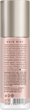 Tył perfumowanej mgiełki do włosów Glossy Hair 50ml, różowa etykieta, skład, kod kreskowy.