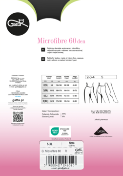 Widok na opakowanie czarnych rajstop Gatta Microfibre 60 den. Białe tło, tabela rozmiarów, certyfikat Oeko-Tex, barcode.