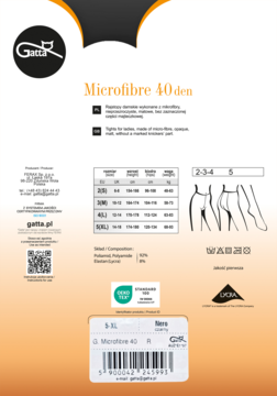 Ulotka informacyjna rajstop Gatta Microfibre 40 den. Zawiera tabelę rozmiarów, skład materiału, czarny kod produktu na tle pomarańczowym.