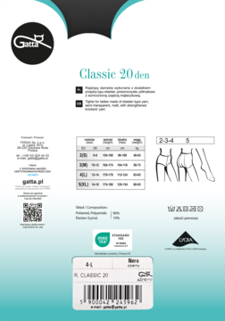 Opakowanie rajstop Gatta Classic 20 den, kolor Nero, rozmiar 4-L. Z przodu tabela rozmiarów i diagramy.