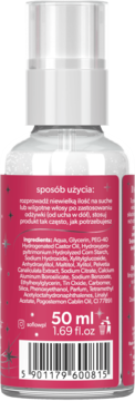 Tył przezroczystej butelki serum do włosów 50 ml z różową etykietą, widoczne instrukcje, skład i kod kreskowy.