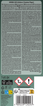 Tył zielonego opakowania zapachu samochodowego AROMA CAR Cellulose, tekst, kody i symbole ostrzegawcze.