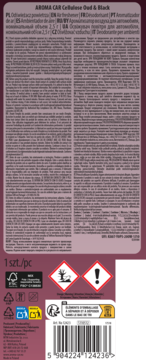 Tył opakowania AROMA CAR Cellulose Oud & Black. Widoczne opisy, symbole ostrzegawcze i kod kreskowy.