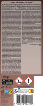 Tył opakowania odświeżacza powietrza Aroma Car Bois de Luxe, z etykietami ostrzegawczymi, kodem kreskowym i tekstem w wielu językach.