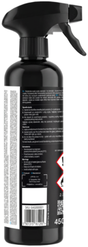 Czarna butelka ze spryskiwaczem, widok z boku. Tył opakowania z etykietą, kodem kreskowym, ikonami ostrzegawczymi.