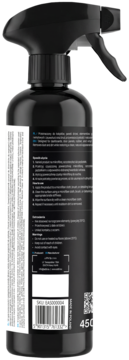 Czarna butelka sprayu 450 ml z widoczną tylną etykietą zawierającą instrukcje i kod SKU. Widok boczny.
