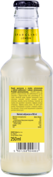 Tył szklanej butelki napoju Sparkling Lemon 250ml, z żółtą etykietą, widoczną tabelą wartości odżywczych.