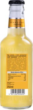 Tył butelki Sparkling Orange 250ml. Żółty napój, pomarańczowa etykieta z danymi, składem, kodem kreskowym.
