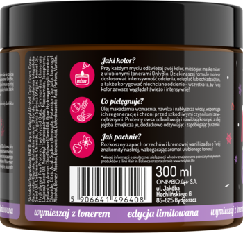 Tył czarnego słoika maski OnlyBio Hair in Balance mixer, z opisem działania, składu i hasłem 'edycja limitowana'.