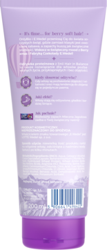 Tył fioletowej tubki odżywki Onlybio E.Wedel Hair in Balance do włosów, obiecującej 'berry soft hair', z tekstem PL.