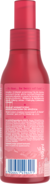 Tył różowej butelki płukanki do włosów 150ml z polskim opisem produktu, listą składników i kodem kreskowym.
