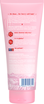 Tył różowej tuby odżywki do włosów E-Wedel, widoczny kod kreskowy i polski tekst o 'berry soft hair', 200 ml.