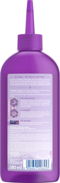 Fioletowa butelka z aplikatorem, tył z etykietą o produkcie do włosów dla miękkich włosów, polski tekst, 300ml.