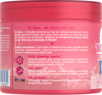 Tył intensywnie różowej maski do włosów Hair in Balance, widoczne objaśnienia i hasło "berry soft hair".