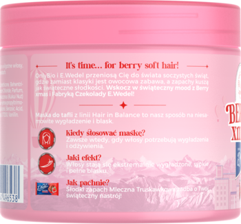 Tył różowego, okrągłego opakowania maski do włosów, z hasłem 'It's time... for berry soft hair!' i logo Wedel.