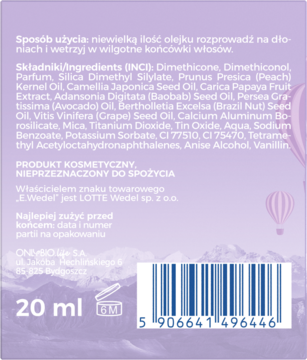Tył fioletowego opakowania olejku do włosów, z pełnym składem INCI, instrukcją i kodem kreskowym.