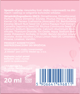 Tył różowego opakowania olejku do włosów 20 ml z instrukcją użycia, listą składników i kodem kreskowym.