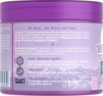 Tył fioletowej maski do włosów E.Wedel, z napisem "berry soft hair" i polskimi instrukcjami.