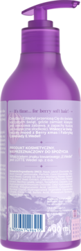Tylna etykieta fioletowego szamponu z pompką E.Wedel 400ml, z tekstem 'berry soft hair', kodem kreskowym i górami.