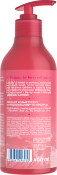 Tył różowej butelki odżywki do włosów E.Wedel dla miękkich włosów, z pompką. Widoczna lista składników, '400 ml'.