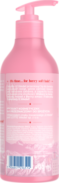 Tył różowego szamponu z pompką Wedel, z napisem "berry soft hair!" i polskim tekstem na etykiecie, 400ml.