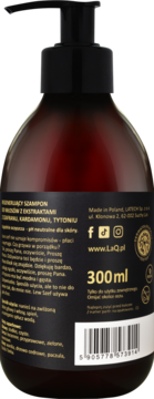 Tył brązowego szamponu LaQ Szef Wszystkich Szefów z czarną pompką, z etykietą z kardamonem i tytoniem.