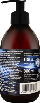 Tył ciemnej butelki szamponu LaQ Rekin Biznesu z pieprzem czarnym 300ml, widoczna etykieta ze składem i kodem kreskowym.
