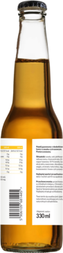 Tył bursztynowej butelki napoju gazowanego kawowo-cytrusowego 330ml z etykietami i kodem kreskowym.