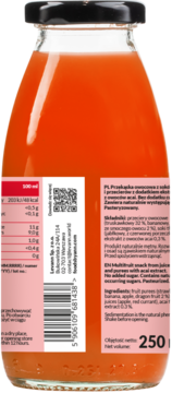 Tył butelki przekąski owocowej Levann z acai 250 ml. Widoczne składniki, kod kreskowy i QR.