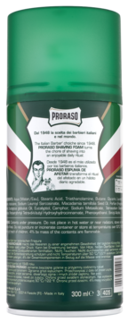 Proraso Refreshing pianka do golenia, zielona puszka, tył z etykietą, składnikami i logo marki.