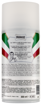 Pianka do golenia Proraso Sensitive Skin, widok z tyłu na białą puszkę z etykietą w barwach Włoch.