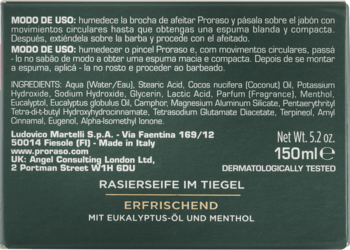 Tył zielonego opakowania mydła do golenia Proraso, z opisem odświeżającej formuły i składnikami.