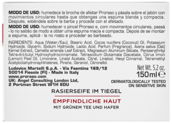 Tył opakowania mydła do golenia Proraso Sensitive Skin z zieloną herbatą, instrukcje i skład.