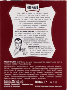 Tył bordowego opakowania Proraso After Shave Lotion 100ml z listą składników i opisem w języku włoskim.