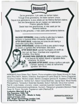 Tył zielono-białego opakowania balsamu Proraso Refreshing After Shave z opisem, składem i info o braku alkoholu.