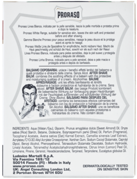 Tył opakowania balsamu po goleniu Proraso Sensitive Skin, białe pudełko z listą składników i wizerunkiem barbera.